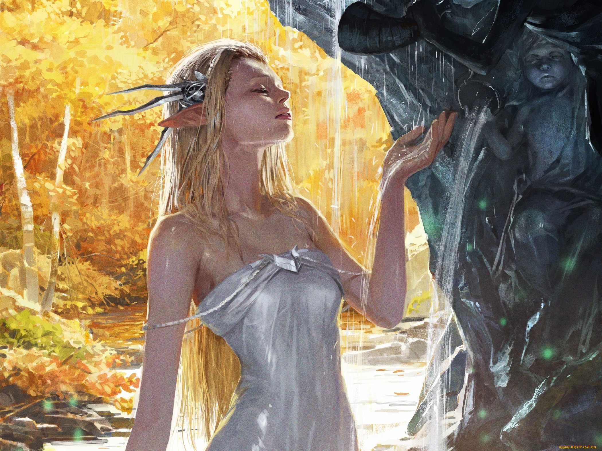 , , art, , , fantasy, girl, , elf, , blonde, , dress, , wet, , waterfall, , fontain, , sculpture, , , forest, , autumn, , by, totorrl